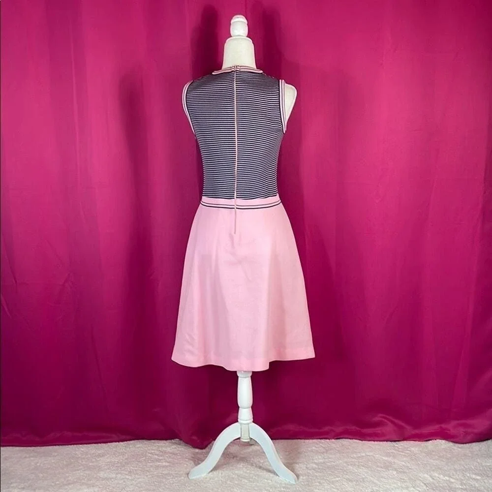 Vintage 60s 70s Striped‎ Knit Dress and Cardigan Set Pink Navy Size 16